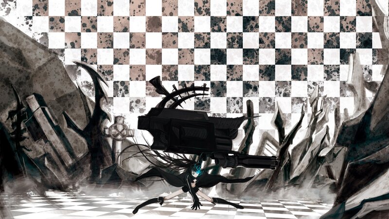 Anime Character with Weapon — Black, Dramatic, Digital Art, Checkered Floor, Shattered Structures