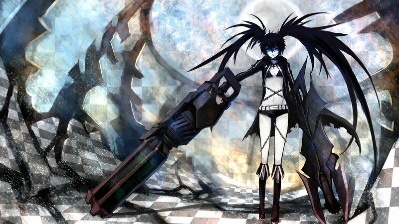 Anime Character with Weapon — Black, Dramatic, Digital Art, Long Hair, Checkered Floor