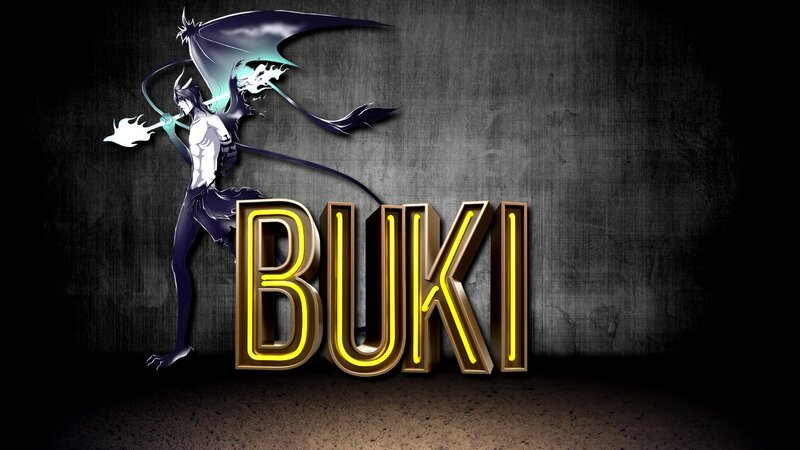 Anime Character with Weapon — Black, Dramatic, Digital Art, Neon Text