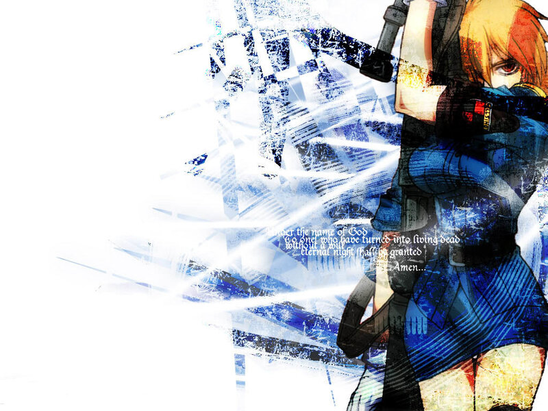Anime Character with Weapon — Blue, Dramatic, Digital Art, Text