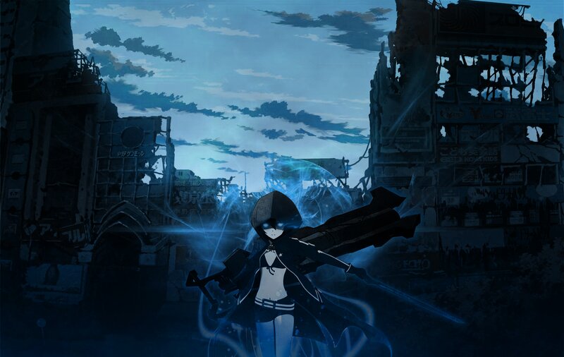 Anime Character with Weapon — Blue, Dramatic, Night, Ruins