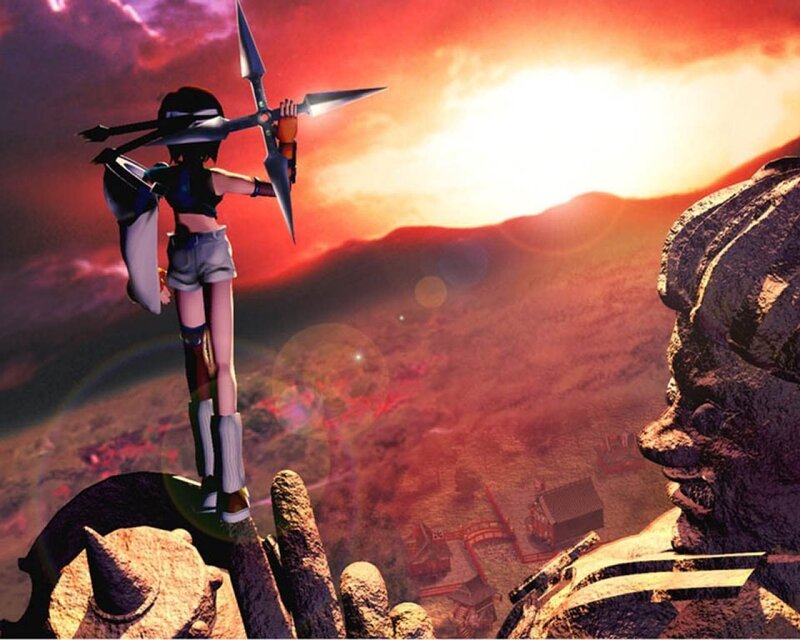 Anime Character with Weapon — Red, Dramatic, Sunset