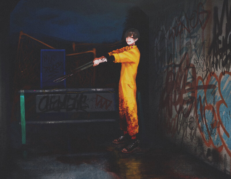 Anime Character with Weapon — Yellow, Dramatic, Night