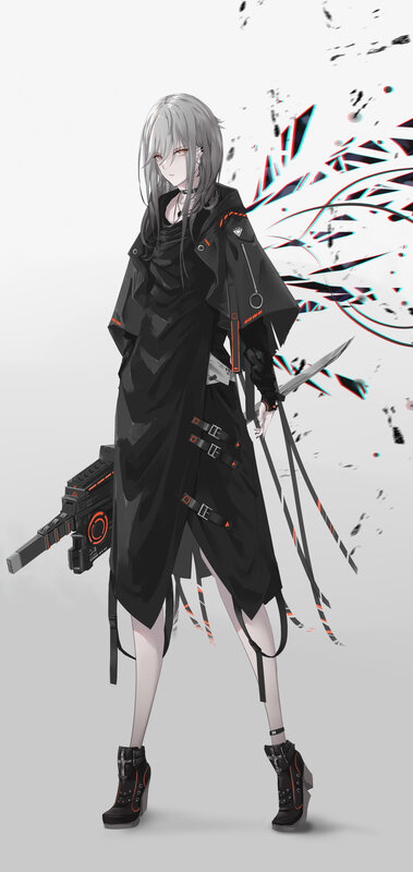 Anime Character with Weapons — Black, Dramatic, Digital Art, Gun, Sword