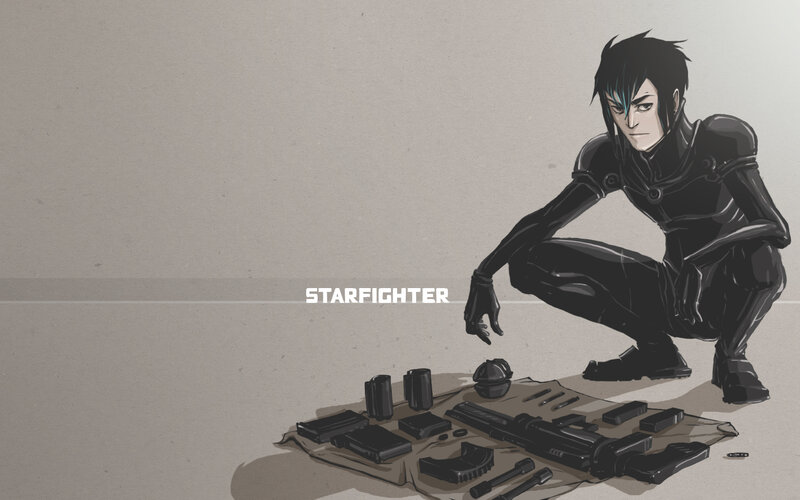 Anime Character with Weapons — Black, Serious