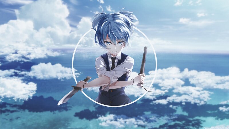 Anime Character with Weapons — Blue, Dramatic, Afternoon