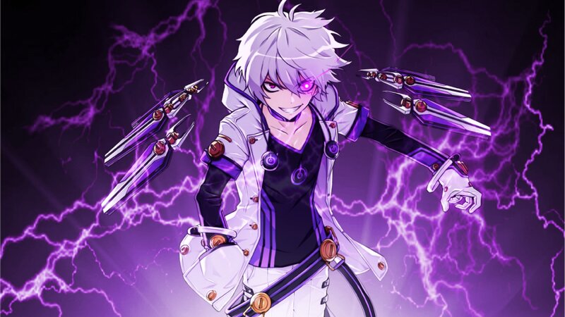 Anime Character with Weapons — Purple, Dramatic, Intense