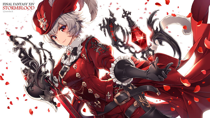 Anime Character with Weapons — Red, Dramatic, Digital Art