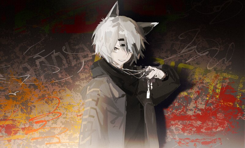 Anime Character with White Hair — Black, Dark, Digital Art, Cat Ears