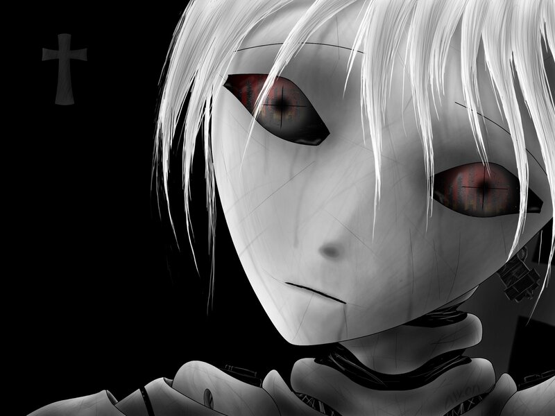 Anime Character with White Hair — Black, Dramatic, Digital Art, Cross