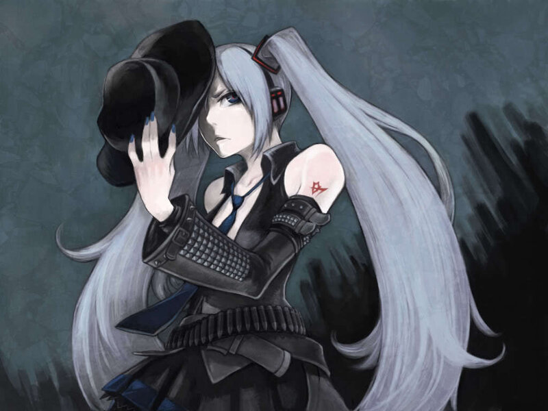 Anime Character with White Hair — Black, Dramatic, Digital Art, Hat