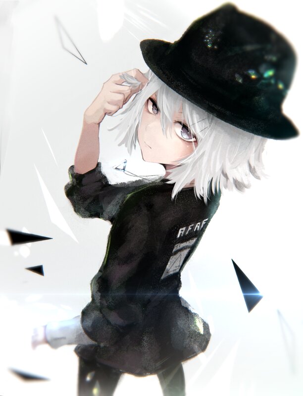 Anime Character with White Hair — Black, Dramatic, Digital Art, Hat, White Hair