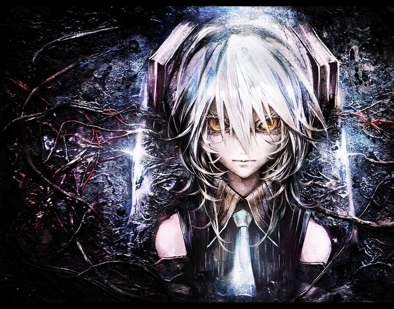 Anime Character with White Hair — Black, Dramatic, Digital Art, Headphones, Tie