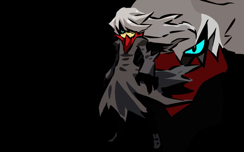 Anime Character with White Hair — Black, Dramatic, Digital Art, White Hair, Red Scarf