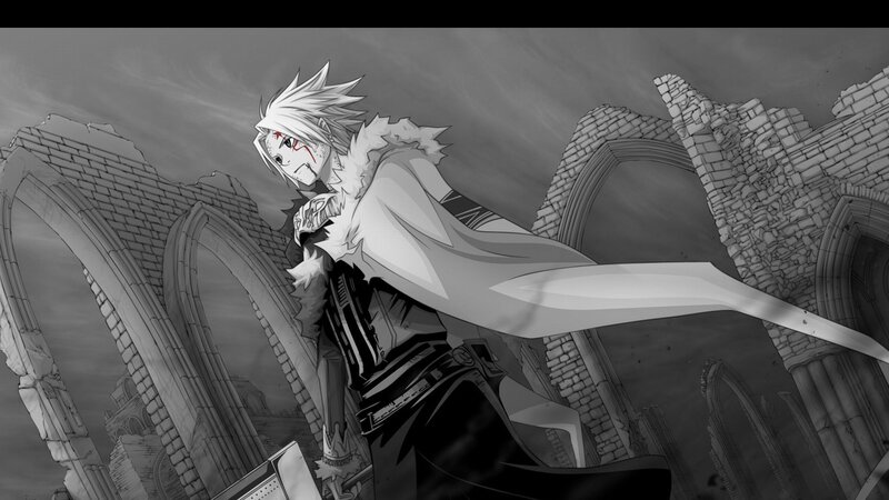 Anime Character with White Hair — Black, Dramatic, Manga, Ruins, Sword, Frost