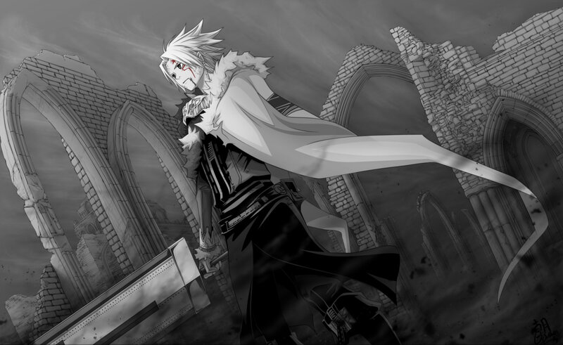 Anime Character with White Hair — Black, Dramatic, Manga, Ruins, Sword