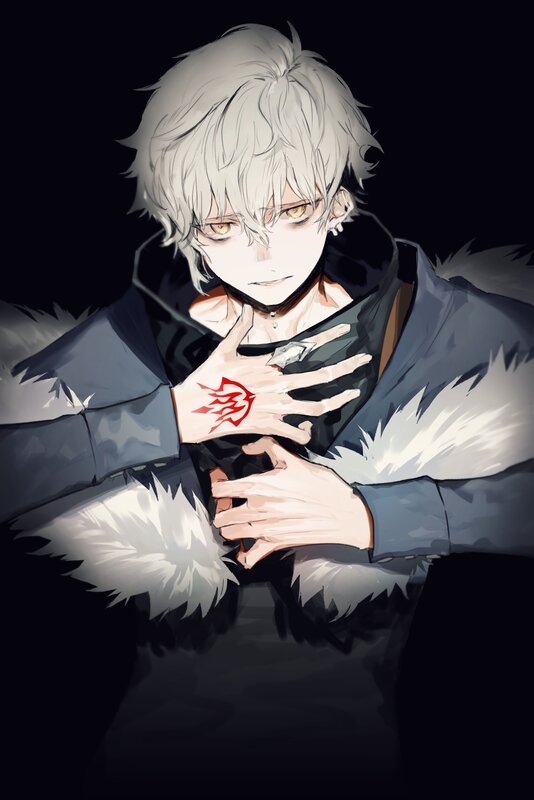 Anime Character with White Hair — Black, Dramatic, Night, Digital Art, White Fur Collar