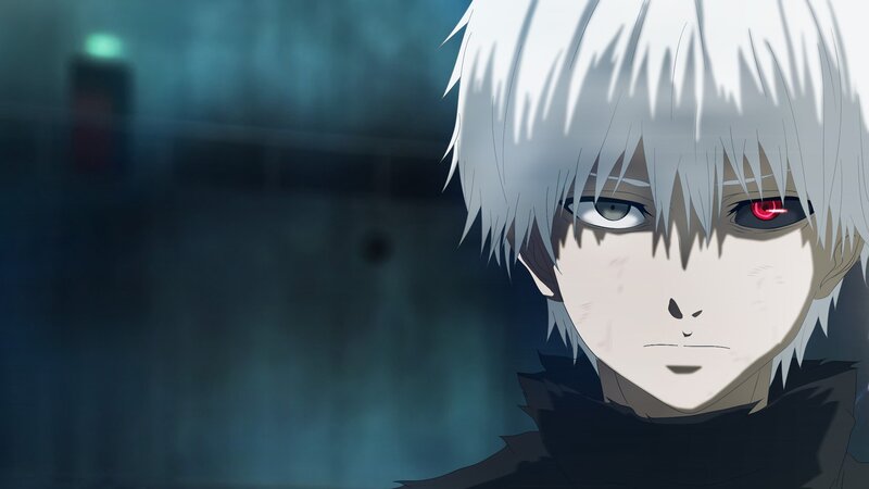 Anime Character with White Hair — Black, Dramatic, Night, Red Eye