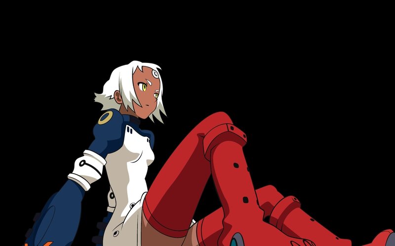 Anime Character with White Hair — Black, Dramatic, White Hair, Red Robot Leg
