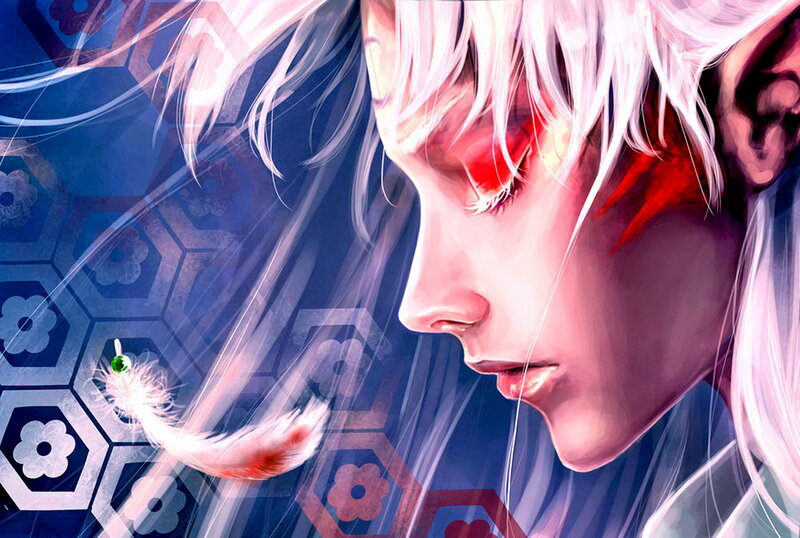 Anime Character with White Hair — Blue, Dramatic, Digital Art, Feather