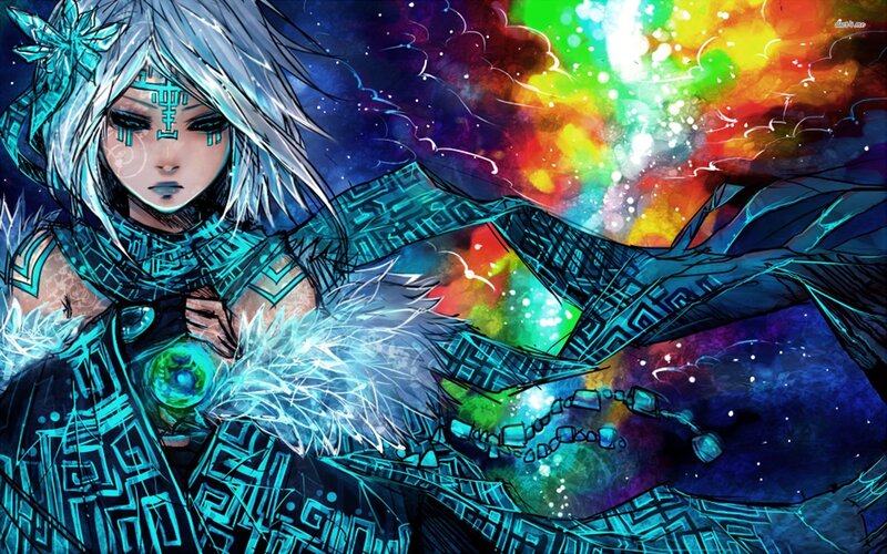Anime Character with White Hair — Blue, Dramatic, Digital Art, Glowing Orb