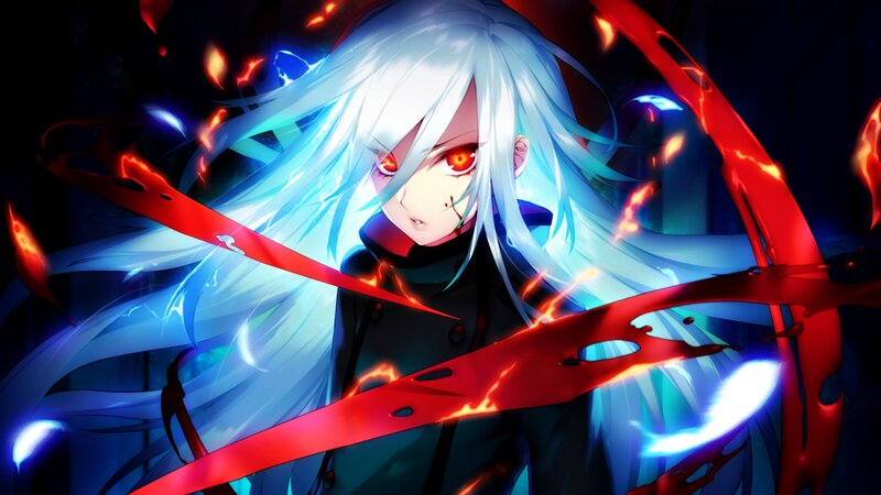 Anime Character with White Hair — Blue, Dramatic, Night, Digital Art, Red Eyes