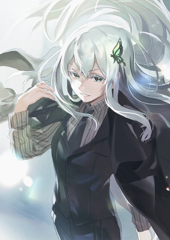 Anime Character with White Hair — Dramatic, Butterfly