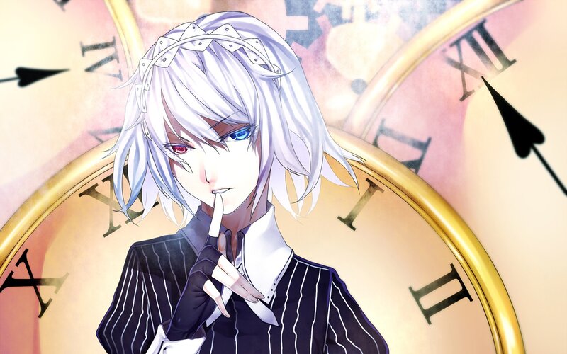 Anime Character with White Hair — Dramatic, Clock, Striped Suit