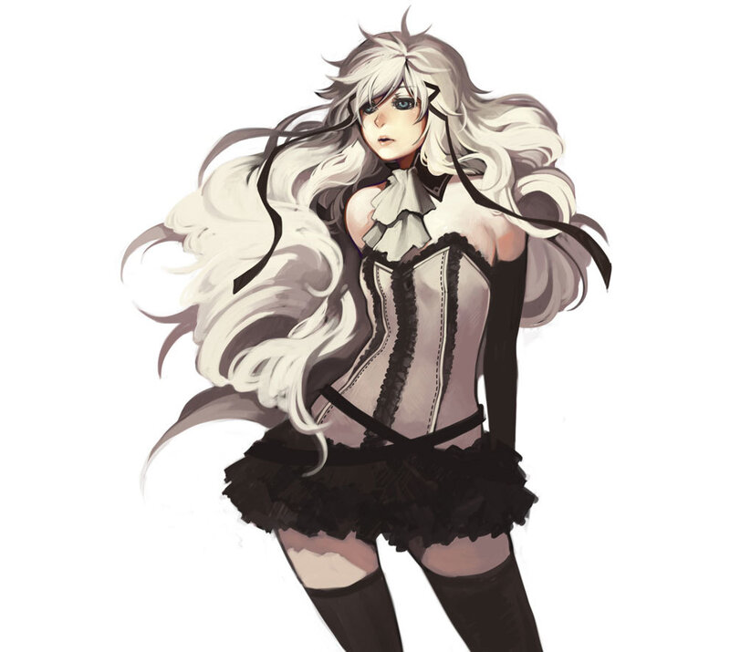 Anime Character with White Hair — Dramatic, Digital Art, Corset