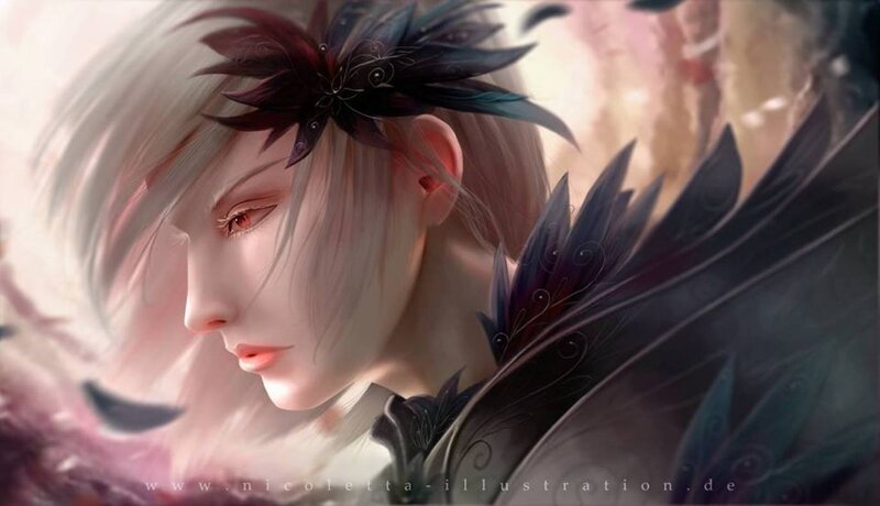 Anime Character with White Hair — Dramatic, Digital Art, Feather Headpiece