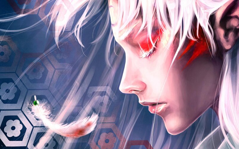 Anime Character with White Hair — Dramatic, Digital Art, Feather, Red Markings