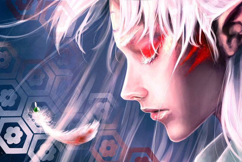 Anime Character with White Hair — Dramatic, Digital Art, Feather
