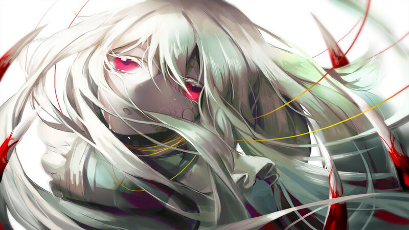 Anime Character with White Hair — Dramatic, Digital Art, Red Eyes, Blood