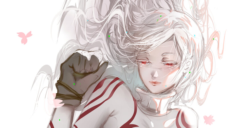 Anime Character with White Hair — Dramatic, Digital Art, Red Eyes, Butterfly