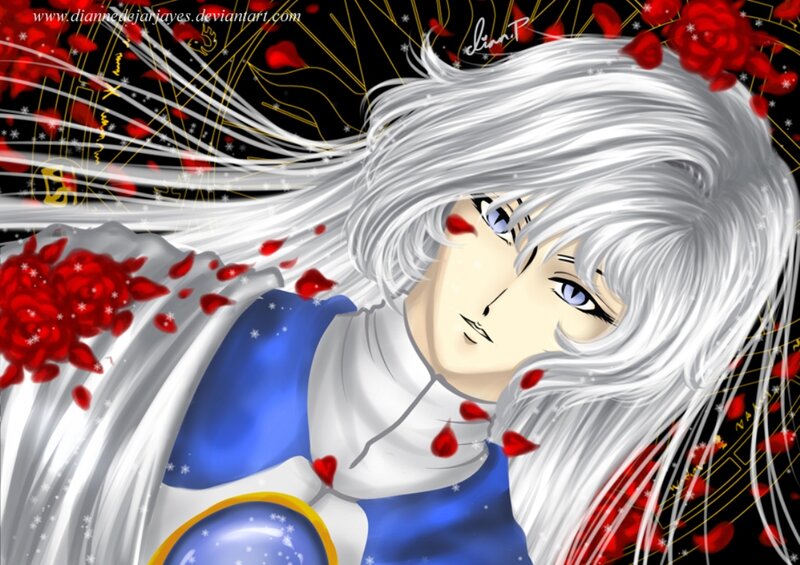 Anime Character with White Hair — Dramatic, Digital Art, Red Roses