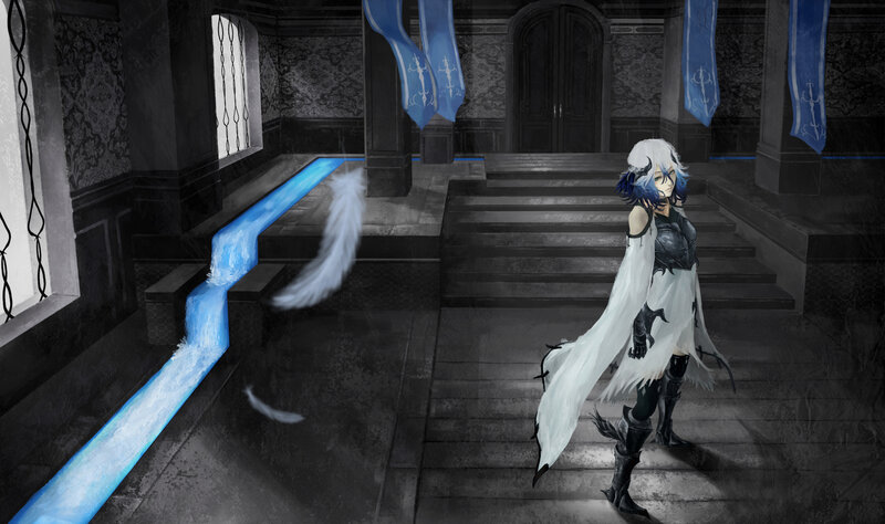 Anime Character with White Hair — Dramatic, Digital Art, Stairs