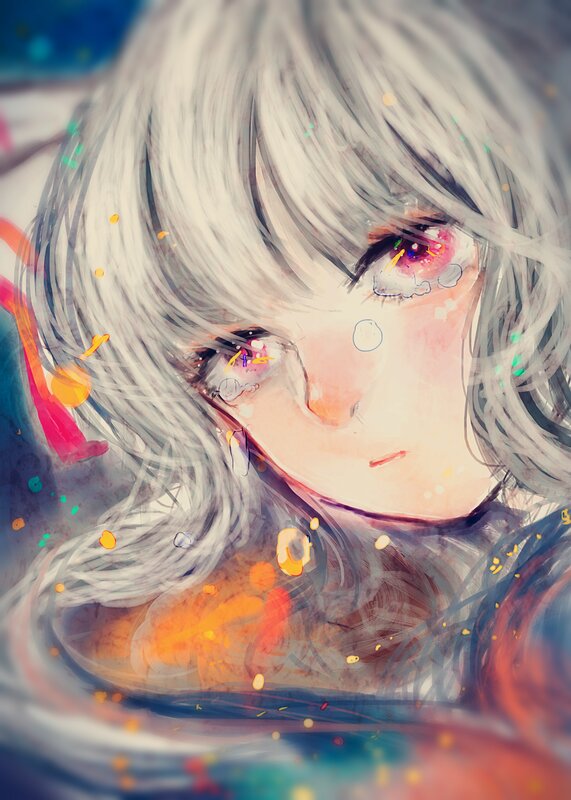 Anime Character with White Hair — Dramatic, Digital Art, Tears
