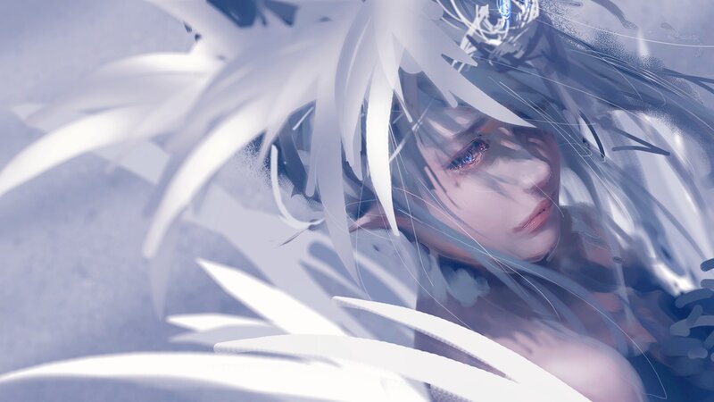 Anime Character with White Hair — Dramatic, Digital Art, White Hair, Blue Eyes, Wing-like Structures