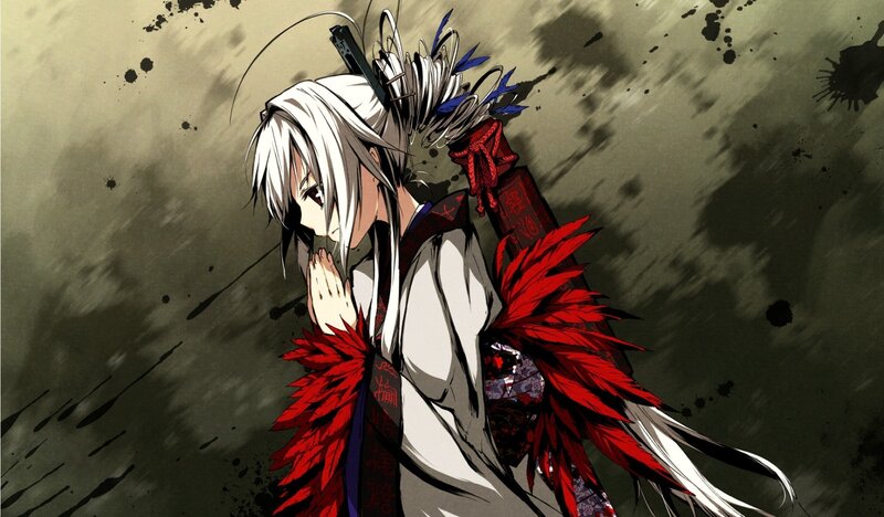 Anime Character with White Hair — Dramatic, Manga, Sword, Feathers, Splatters