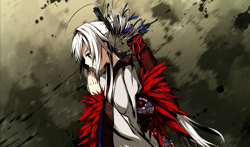 Anime Character with White Hair — Dramatic, Manga, Sword, Feathers
