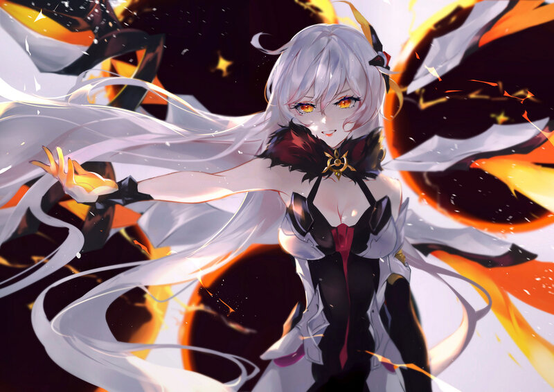 Anime Character with White Hair — Dramatic, Night, Digital Art, Fire