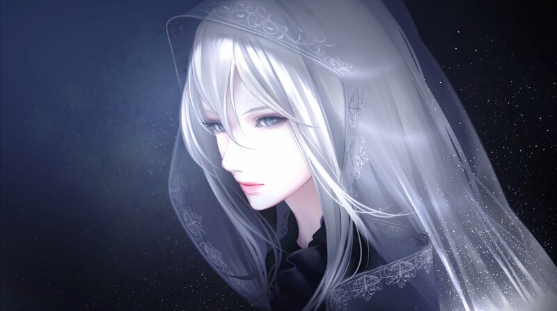 Anime Character with White Hair — Dramatic, Night, Digital Art, Veil