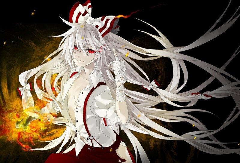Anime Character with White Hair — Dramatic, Night, Fire