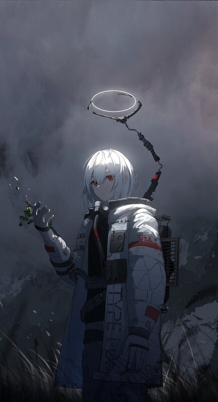 Anime Character with White Hair — Gray, Dramatic, Digital Art, White Hair, Red Eyes, Mechanical Arm