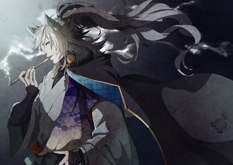 Anime Character with White Hair — Gray, Dramatic, Night, Smoking Pipe