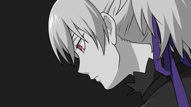 Anime Character with White Hair — Gray, Dramatic, Purple Ribbon