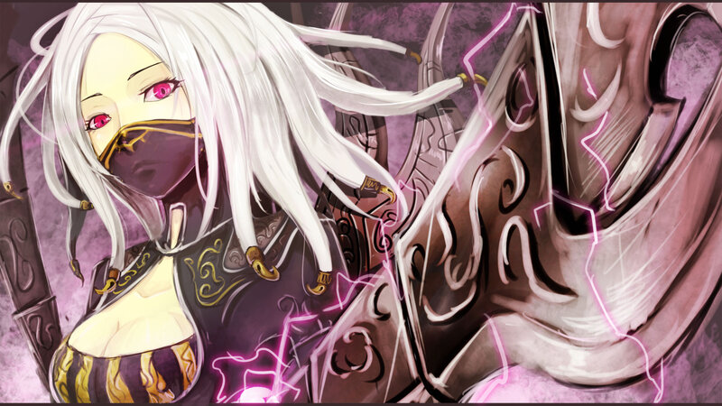Anime Character with White Hair — Purple, Dramatic, Digital Art, Mask, Sword