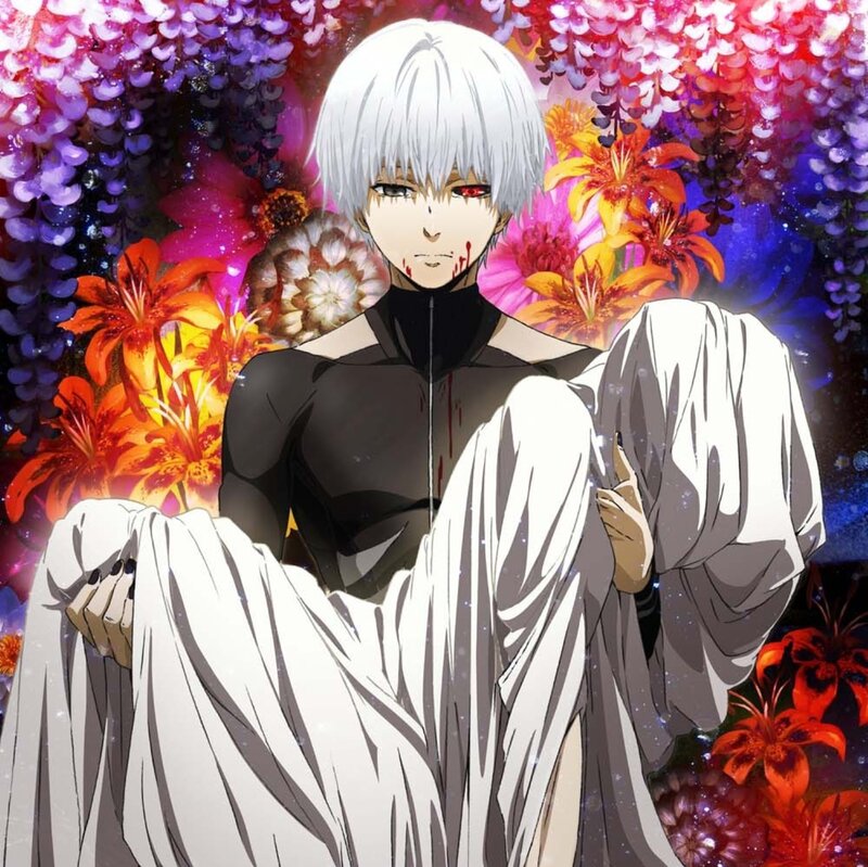 Anime Character with White Hair — Purple, Dramatic, Flowers