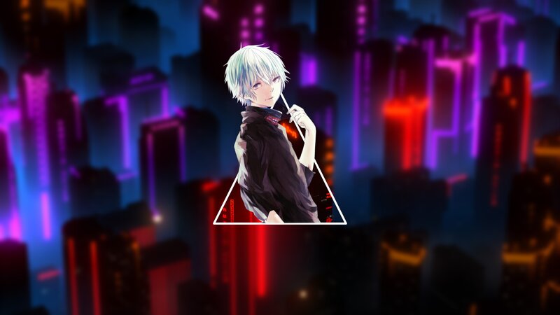 Anime Character with White Hair — Purple, Dramatic, Night, Digital Art, Cityscape
