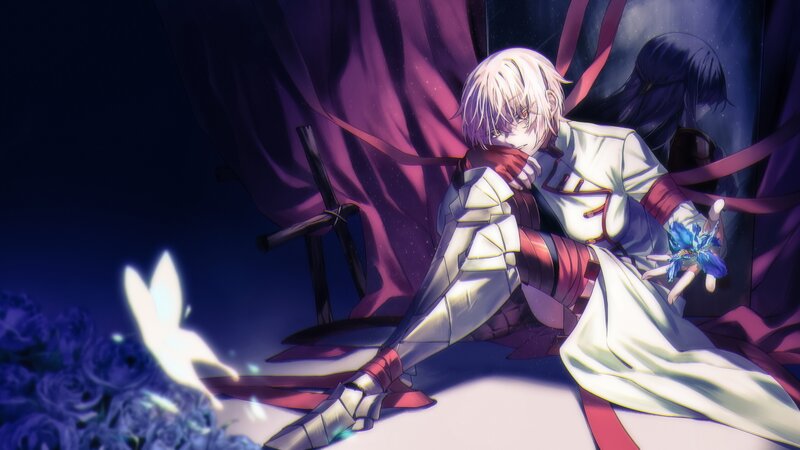 Anime Character with White Hair — Purple, Dramatic, Night, Digital Art, Sword, Butterfly